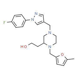 ChemSpider 2D Image | 2-(4-{[1-(4-Fluorophenyl)-1H-pyrazol-4-yl]methyl}-1-[(5-methyl-2-furyl)methyl]-2-piperazinyl)ethanol | C22H27FN4O2