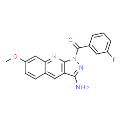 ChemSpider 2D Image | (3-Amino-7-methoxy-1H-pyrazolo[3,4-b]quinolin-1-yl)(3-fluorophenyl)methanone | C18H13FN4O2