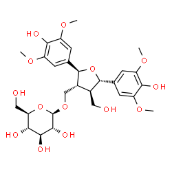 ChemSpider 2D Image | [(2S,3R,4R,5S)-2,5-Bis(4-hydroxy-3,5-dimethoxyphenyl)-4-(hydroxymethyl)tetrahydro-3-furanyl]methyl beta-D-glucopyranoside | C28H38O14