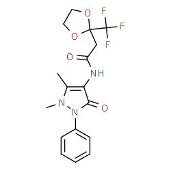 ChemSpider 2D Image | N-(1,5-Dimethyl-3-oxo-2-phenyl-2,3-dihydro-1H-pyrazol-4-yl)-2-[2-(trifluoromethyl)-1,3-dioxolan-2-yl]acetamide | C17H18F3N3O4