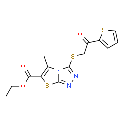 ChemSpider 2D Image | Ethyl 5-methyl-3-{[2-oxo-2-(2-thienyl)ethyl]sulfanyl}[1,3]thiazolo[2,3-c][1,2,4]triazole-6-carboxylate | C14H13N3O3S3