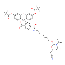 ChemSpider 2D Image | 6-({6-[(2-Cyanoethoxy)(diisopropylamino)methoxy]hexyl}carbamoyl)-3-oxo-3H-spiro[2-benzofuran-1,9'-xanthene]-3',6'-diyl bis(2,2-dimethylpropanoate) | C47H59N3O10