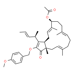 ChemSpider 2D Image | (3aR,5E,7S,10E,14E,16aS)-2-[(4-Methoxybenzyl)oxy]-6,10,14,16a-tetramethyl-1-oxo-3-[(2R,3E)-3-penten-2-yl]-1,3a,4,7,8,9,12,13,16,16a-decahydrocyclopenta[15]annulen-7-yl acetate | C37H50O5