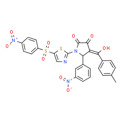 ChemSpider 2D Image | (4Z)-4-[Hydroxy(4-methylphenyl)methylene]-5-(3-nitrophenyl)-1-{5-[(4-nitrophenyl)sulfonyl]-1,3-thiazol-2-yl}-2,3-pyrrolidinedione | C27H18N4O9S2