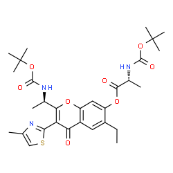 ChemSpider 2D Image | 6-Ethyl-2-[(1R)-1-({[(2-methyl-2-propanyl)oxy]carbonyl}amino)ethyl]-3-(4-methyl-1,3-thiazol-2-yl)-4-oxo-4H-chromen-7-yl N-{[(2-methyl-2-propanyl)oxy]carbonyl}-D-alaninate | C30H39N3O8S