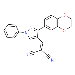 ChemSpider 2D Image | {[3-(2,3-Dihydro-1,4-benzodioxin-6-yl)-1-phenyl-1H-pyrazol-4-yl]methylene}malononitrile | C21H14N4O2