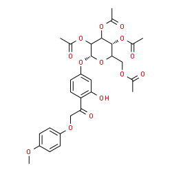 ChemSpider 2D Image | 3-Hydroxy-4-[(4-methoxyphenoxy)acetyl]phenyl 2,3,4,6-tetra-O-acetyl-alpha-D-glycero-hexopyranoside | C29H32O14