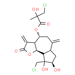 ChemSpider 2D Image | (4R,8R,9bS)-9-(Chloromethyl)-8,9-dihydroxy-3,6-bis(methylene)-2-oxododecahydroazuleno[4,5-b]furan-4-yl 3-chloro-2-hydroxy-2-methylpropanoate | C19H24Cl2O7
