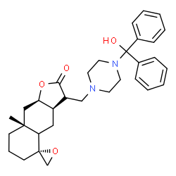 ChemSpider 2D Image | (3aR,5R,8aR,9aR)-3-({4-[Hydroxy(diphenyl)methyl]-1-piperazinyl}methyl)-8a-methyldecahydro-2H-spiro[naphtho[2,3-b]furan-5,2'-oxiran]-2-one | C32H40N2O4