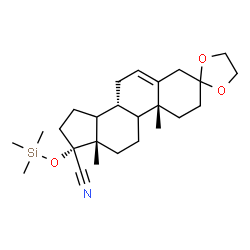 ChemSpider 2D Image | (8R,10R,13S,17R)-10,13-Dimethyl-17-[(trimethylsilyl)oxy]-1,2,4,7,8,9,10,11,12,13,14,15,16,17-tetradecahydrospiro[cyclopenta[a]phenanthrene-3,2'-[1,3]dioxolane]-17-carbonitrile | C25H39NO3Si