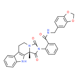 ChemSpider 2D Image | N-(1,3-Benzodioxol-5-ylmethyl)-2-[(11bS)-11b-methyl-1,3-dioxo-5,6,11,11b-tetrahydro-1H-imidazo[1',5':1,2]pyrido[3,4-b]indol-2(3H)-yl]benzamide | C29H24N4O5
