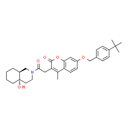 ChemSpider 2D Image | 3-{2-[(4aS,8aS)-4a-Hydroxyoctahydro-2(1H)-isoquinolinyl]-2-oxoethyl}-4-methyl-7-{[4-(2-methyl-2-propanyl)benzyl]oxy}-2H-chromen-2-one | C32H39NO5