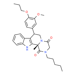 ChemSpider 2D Image | (12bS)-7-(3-Methoxy-4-propoxyphenyl)-12b-methyl-2-pentyl-2,3,6,7,12,12b-hexahydropyrazino[1',2':1,2]pyrido[3,4-b]indole-1,4-dione | C30H37N3O4