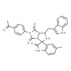 ChemSpider 2D Image | (3a'S,6a'R)-5'-(4-Acetylphenyl)-3'-(1H-indol-3-ylmethyl)-5-methyl-3a',6a'-dihydro-2'H-spiro[indole-3,1'-pyrrolo[3,4-c]pyrrole]-2,4',6'(1H,3'H,5'H)-trione | C31H26N4O4