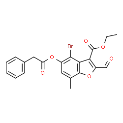 ChemSpider 2D Image | Ethyl 4-bromo-2-formyl-7-methyl-5-(2-phenylacetoxy)-1-benzofuran-3-carboxylate | C21H17BrO6