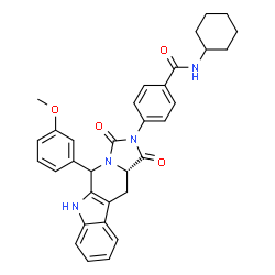 ChemSpider 2D Image | N-Cyclohexyl-4-[(11aS)-5-(3-methoxyphenyl)-1,3-dioxo-5,6,11,11a-tetrahydro-1H-imidazo[1',5':1,6]pyrido[3,4-b]indol-2(3H)-yl]benzamide | C33H32N4O4