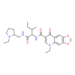 ChemSpider 2D Image | 5-Ethyl-N-[(2S)-1-{[(1-ethyl-2-pyrrolidinyl)methyl]amino}-3-methyl-1-oxo-2-pentanyl]-8-oxo-5,8-dihydro[1,3]dioxolo[4,5-g]quinoline-7-carboxamide | C26H36N4O5