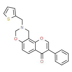 ChemSpider 2D Image | 3-Phenyl-9-(2-thienylmethyl)-9,10-dihydro-4H,8H-chromeno[8,7-e][1,3]oxazin-4-one | C22H17NO3S