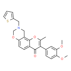 ChemSpider 2D Image | 3-(3,4-Dimethoxyphenyl)-2-methyl-9-(2-thienylmethyl)-9,10-dihydro-4H,8H-chromeno[8,7-e][1,3]oxazin-4-one | C25H23NO5S