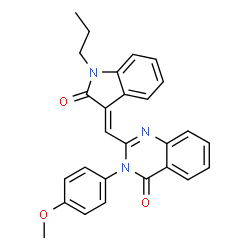 ChemSpider 2D Image | 3-(4-Methoxyphenyl)-2-[(E)-(2-oxo-1-propyl-1,2-dihydro-3H-indol-3-ylidene)methyl]-4(3H)-quinazolinone | C27H23N3O3