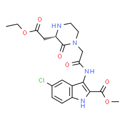 ChemSpider 2D Image | Methyl 5-chloro-3-({[(3S)-3-(2-ethoxy-2-oxoethyl)-2-oxo-1-piperazinyl]acetyl}amino)-1H-indole-2-carboxylate | C20H23ClN4O6