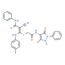 ChemSpider 2D Image | (2E)-2-Cyano-3-({2-[(1,5-dimethyl-3-oxo-2-phenyl-2,3-dihydro-1H-pyrazol-4-yl)amino]-2-oxoethyl}sulfanyl)-3-[(4-methylphenyl)amino]-N-phenylacrylamide | C30H28N6O3S