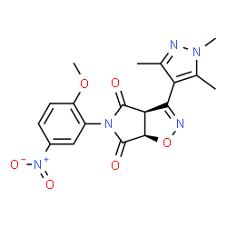 ChemSpider 2D Image | (3aS,6aR)-5-(2-Methoxy-5-nitrophenyl)-3-(1,3,5-trimethyl-1H-pyrazol-4-yl)-3aH-pyrrolo[3,4-d][1,2]oxazole-4,6(5H,6aH)-dione | C18H17N5O6