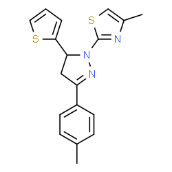 ChemSpider 2D Image | 4-Methyl-2-[3-(4-methylphenyl)-5-(2-thienyl)-4,5-dihydro-1H-pyrazol-1-yl]-1,3-thiazole | C18H17N3S2