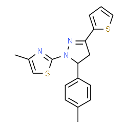 ChemSpider 2D Image | 4-Methyl-2-[5-(4-methylphenyl)-3-(2-thienyl)-4,5-dihydro-1H-pyrazol-1-yl]-1,3-thiazole | C18H17N3S2