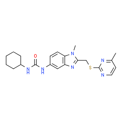 ChemSpider 2D Image | 1-Cyclohexyl-3-(1-methyl-2-{[(4-methyl-2-pyrimidinyl)sulfanyl]methyl}-1H-benzimidazol-5-yl)urea | C21H26N6OS