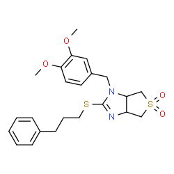 ChemSpider 2D Image | 1-(3,4-Dimethoxybenzyl)-2-[(3-phenylpropyl)sulfanyl]-3a,4,6,6a-tetrahydro-1H-thieno[3,4-d]imidazole 5,5-dioxide | C23H28N2O4S2