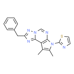 ChemSpider 2D Image | 2-Benzyl-8,9-dimethyl-7-(1,3-thiazol-2-yl)-7H-pyrrolo[3,2-e][1,2,4]triazolo[1,5-c]pyrimidine | C19H16N6S