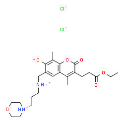 ChemSpider 2D Image | 4-[3-({[3-(3-Ethoxy-3-oxopropyl)-7-hydroxy-4,8-dimethyl-2-oxo-2H-chromen-6-yl]methyl}ammonio)propyl]morpholin-4-ium dichloride | C24H36Cl2N2O6