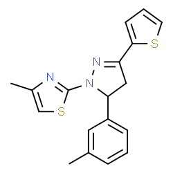 ChemSpider 2D Image | 4-Methyl-2-[5-(3-methylphenyl)-3-(2-thienyl)-4,5-dihydro-1H-pyrazol-1-yl]-1,3-thiazole | C18H17N3S2