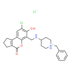 ChemSpider 2D Image | 1-Benzyl-4-{[(8-chloro-7-hydroxy-4-oxo-1,2,3,4-tetrahydrocyclopenta[c]chromen-6-yl)methyl]amino}piperidinium chloride | C25H28Cl2N2O3
