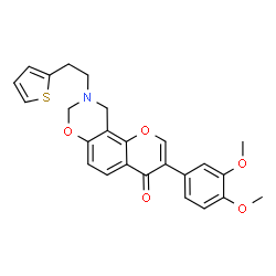 ChemSpider 2D Image | 3-(3,4-Dimethoxyphenyl)-9-[2-(2-thienyl)ethyl]-9,10-dihydro-4H,8H-chromeno[8,7-e][1,3]oxazin-4-one | C25H23NO5S