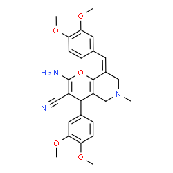 ChemSpider 2D Image | (8Z)-2-Amino-8-(3,4-dimethoxybenzylidene)-4-(3,4-dimethoxyphenyl)-6-methyl-5,6,7,8-tetrahydro-4H-pyrano[3,2-c]pyridine-3-carbonitrile | C27H29N3O5