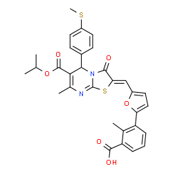 ChemSpider 2D Image | 3-(5-{(Z)-[6-(Isopropoxycarbonyl)-7-methyl-5-[4-(methylsulfanyl)phenyl]-3-oxo-5H-[1,3]thiazolo[3,2-a]pyrimidin-2(3H)-ylidene]methyl}-2-furyl)-2-methylbenzoic acid | C31H28N2O6S2