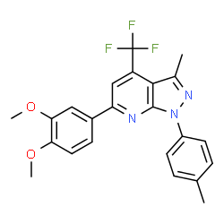 ChemSpider 2D Image | 6-(3,4-Dimethoxyphenyl)-3-methyl-1-(4-methylphenyl)-4-(trifluoromethyl)-1H-pyrazolo[3,4-b]pyridine | C23H20F3N3O2