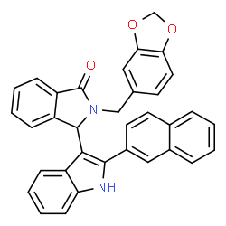 ChemSpider 2D Image | 2-(1,3-Benzodioxol-5-ylmethyl)-3-[2-(2-naphthyl)-1H-indol-3-yl]-1-isoindolinone | C34H24N2O3