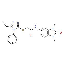 ChemSpider 2D Image | N-(1,3-Dimethyl-2-oxo-2,3-dihydro-1H-benzimidazol-5-yl)-2-[(5-ethyl-4-phenyl-4H-1,2,4-triazol-3-yl)sulfanyl]acetamide | C21H22N6O2S