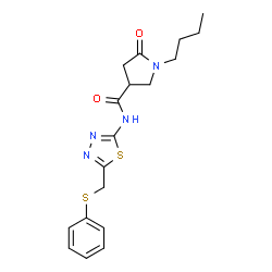 ChemSpider 2D Image | 1-Butyl-5-oxo-N-{5-[(phenylsulfanyl)methyl]-1,3,4-thiadiazol-2-yl}-3-pyrrolidinecarboxamide | C18H22N4O2S2
