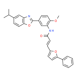 ChemSpider 2D Image | (2E)-N-[5-(5-Isopropyl-1,3-benzoxazol-2-yl)-2-methoxyphenyl]-3-(5-phenyl-2-furyl)acrylamide | C30H26N2O4
