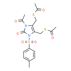 ChemSpider 2D Image | S,S'-[{1-Acetyl-3-[(4-methylphenyl)sulfonyl]-2-oxo-2,3-dihydro-1H-imidazole-4,5-diyl}bis(methylene)] diethanethioate | C18H20N2O6S3
