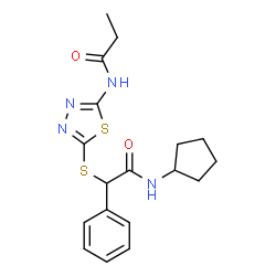 ChemSpider 2D Image | N-(5-{[2-(Cyclopentylamino)-2-oxo-1-phenylethyl]sulfanyl}-1,3,4-thiadiazol-2-yl)propanamide | C18H22N4O2S2