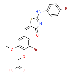 ChemSpider 2D Image | {2-Bromo-4-[(E)-{2-[(4-bromophenyl)amino]-4-oxo-1,3-thiazol-5(4H)-ylidene}methyl]-6-methoxyphenoxy}acetic acid | C19H14Br2N2O5S