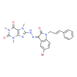 ChemSpider 2D Image | 8-[(2Z)-2-{5-Bromo-2-oxo-1-[(2E)-3-phenyl-2-propen-1-yl]-1,2-dihydro-3H-indol-3-ylidene}hydrazino]-1,3,7-trimethyl-3,7-dihydro-1H-purine-2,6-dione | C25H22BrN7O3