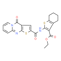 ChemSpider 2D Image | Ethyl 2-{[(4-oxo-4H-pyrido[1,2-a]thieno[2,3-d]pyrimidin-2-yl)carbonyl]amino}-4,5,6,7-tetrahydro-1-benzothiophene-3-carboxylate | C22H19N3O4S2