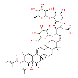 ChemSpider 2D Image | (3beta,16alpha,21beta,22alpha)-22-Acetoxy-16,28-dihydroxy-21-{[(2E)-2-methyl-2-butenoyl]oxy}olean-12-en-3-yl 6-deoxy-alpha-L-mannopyranosyl-(1->2)-alpha-L-arabinopyranosyl-(1->3)-[beta-D-galactopyrano
syl-(1->2)]-beta-D-glucopyranosiduronic acid | C60H94O26