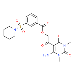 ChemSpider 2D Image | 2-(6-Amino-1,3-dimethyl-2,4-dioxo-1,2,3,4-tetrahydro-5-pyrimidinyl)-2-oxoethyl 3-(1-piperidinylsulfonyl)benzoate | C20H24N4O7S